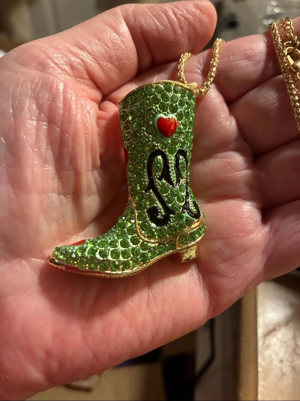 Green Jeweled Cowboy Boot Pendant Necklace